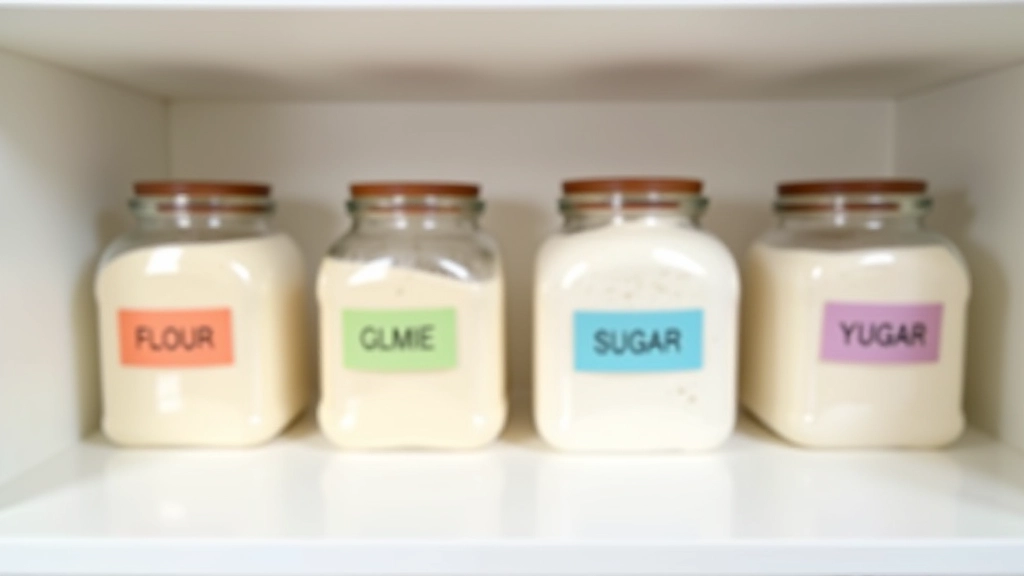 Rangement de farine et sucre en bocaux hermétiques avec étiquettes colorées