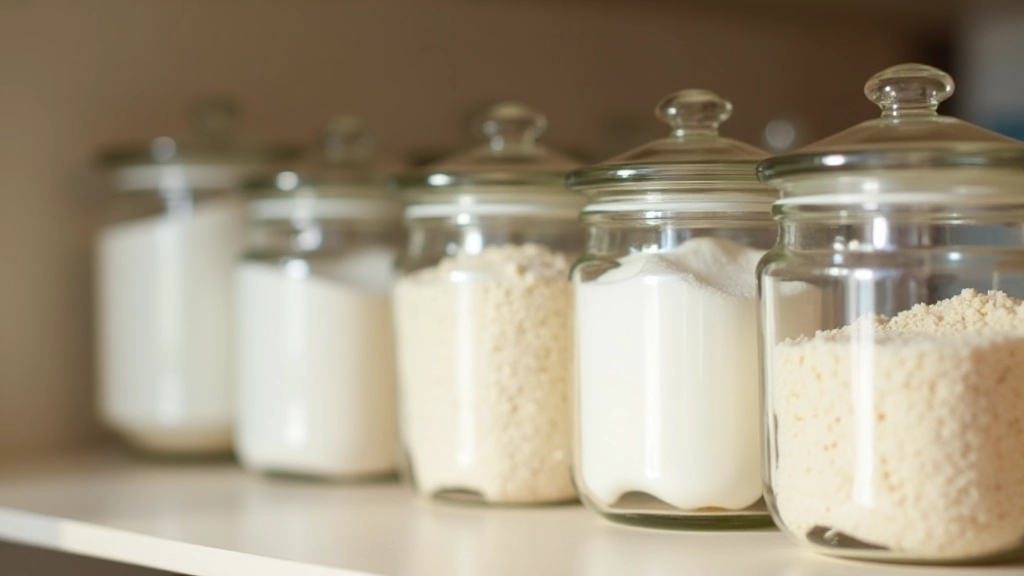 Gros plan sur des bocaux de verre remplis de farine, sucre et riz alignés sur une étagère de cuisine