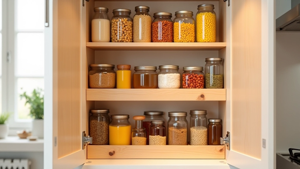 Vue d'ensemble d'un placard de cuisine avec trois étagères organisées, chaque niveau contenant différents types d'aliments non-périssables