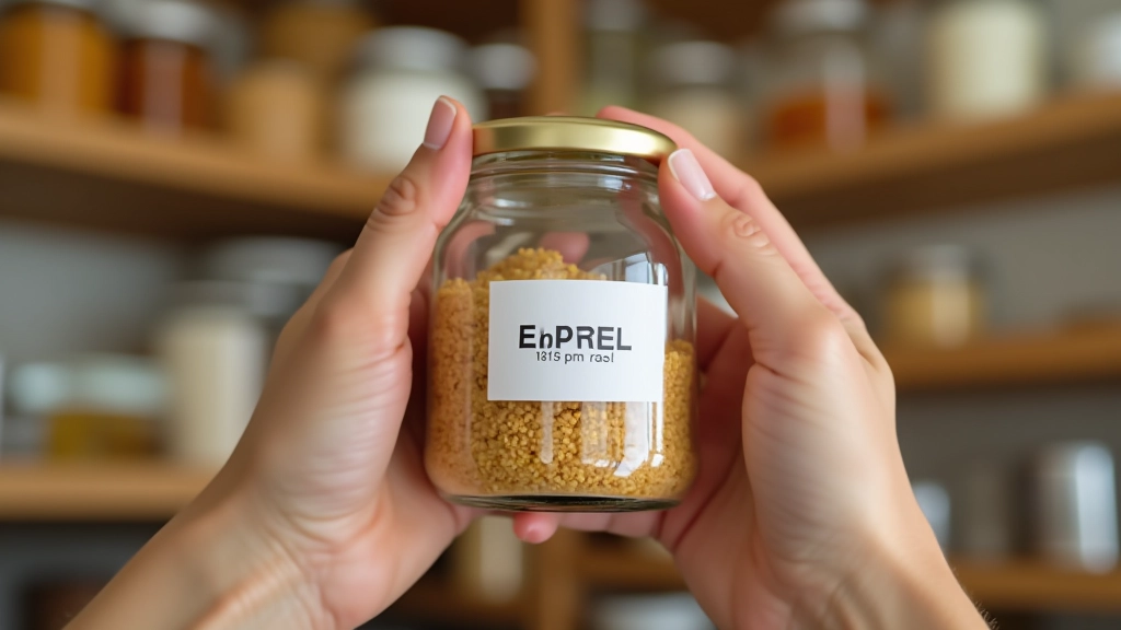 Mains tenant un bocal de conserves avec étiquette de date de péremption visible, placard en arrière-plan