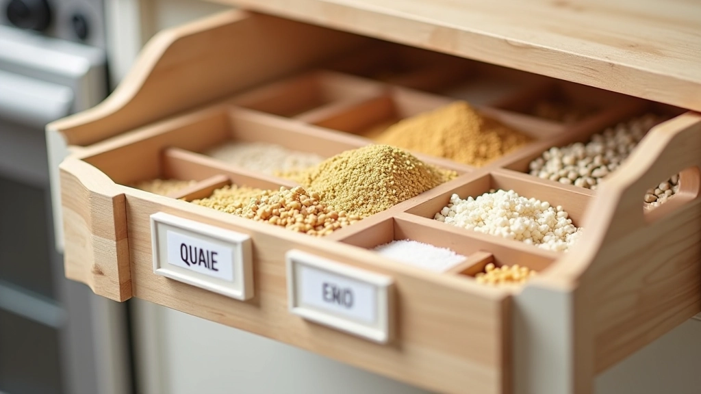 Système de classement avec tiroirs étiquetés pour différentes catégories d'aliments secs