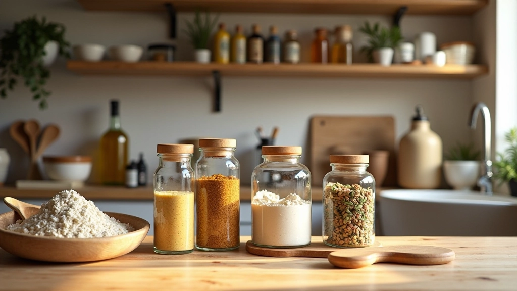 Placard de cuisine bien organisé avec bocaux et réserves essentiels