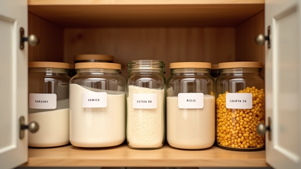 Intérieur d'un placard de cuisine ouvert avec bocaux en verre alignés contenant farine, riz, pâtes, chaque bocal étiqueté avec date, organisation propre