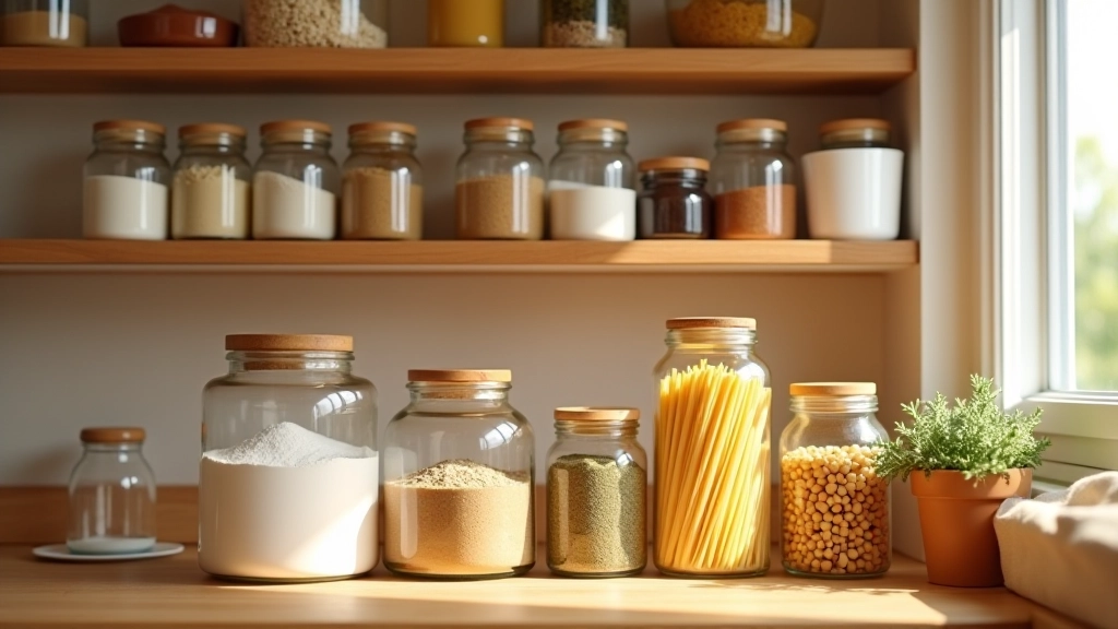 Placard de cuisine organisé avec bocaux de conserves, farine et épices bien rangés sur des étagères