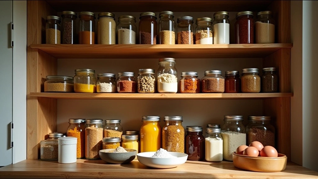 Placard cuisine bien organisé avec bocaux d'épices et conserves