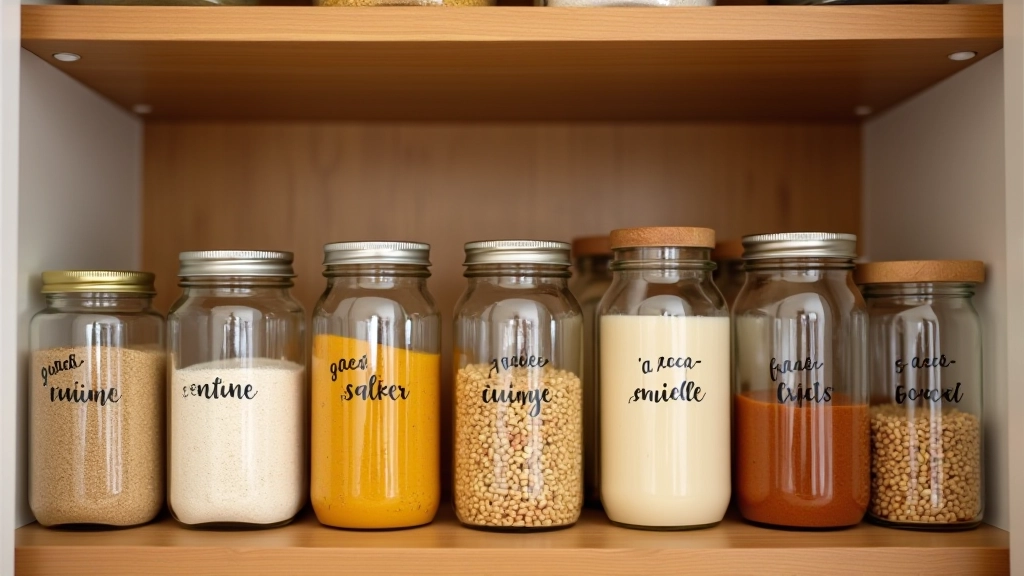 Placard de cuisine organisé avec bocaux étiquetés et datés, rangés par catégorie, éclairage naturel clair