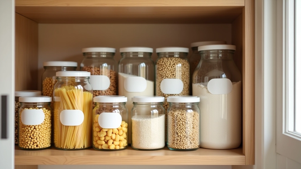 Étagères de cuisine bien organisées avec bocaux de pâtes, farine et conserves étiquetés proprement