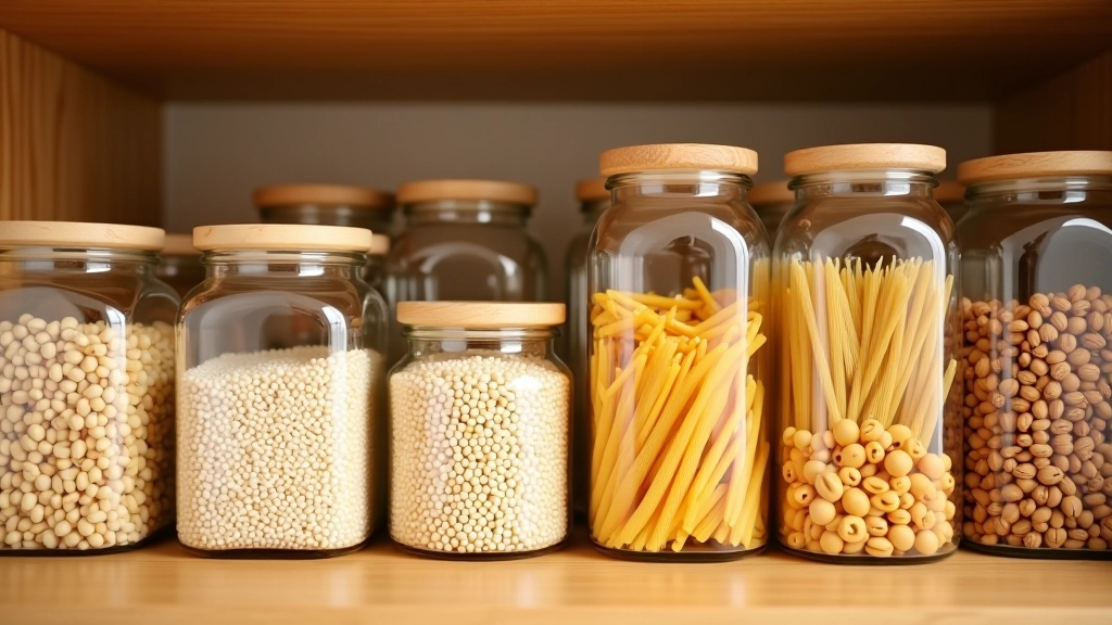 Bocaux de verre contenant des ingrédients secs rangés dans une armoire de cuisine organisée, étiquettes claires et visibles