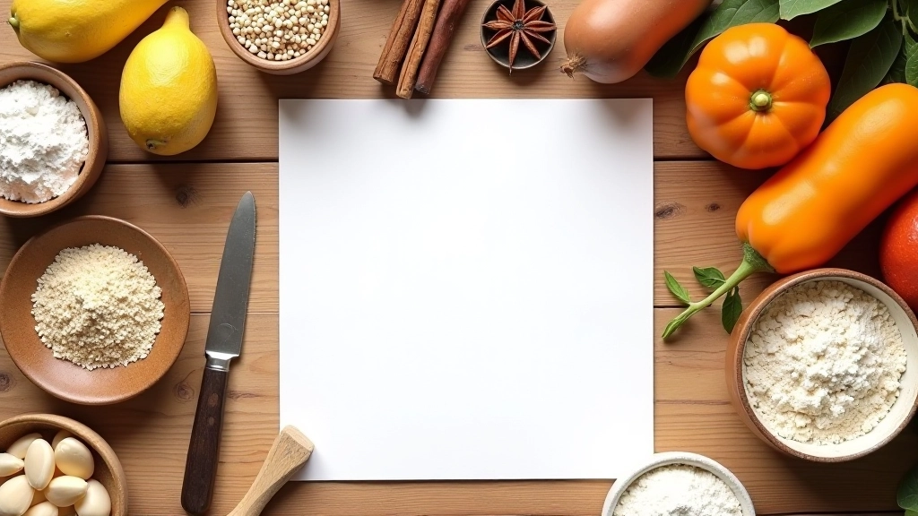 Feuille d'inventaire des réserves de cuisine sur une table avec des ingrédients secs, stylo et tasse de café