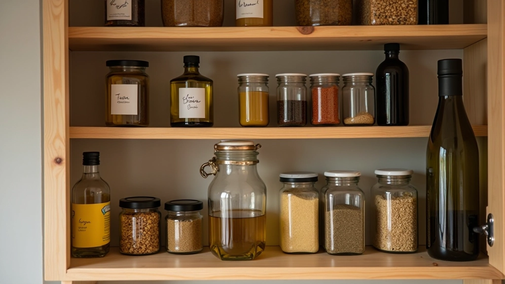 Étagère complète avec huiles, vinaigres, épices dans des bouteilles et pots organisés