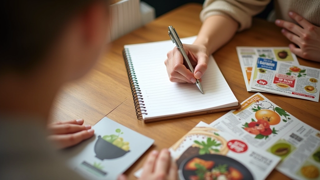 Personne feuilletant un carnet avec liste de courses et articles promotionnels, stylo à la main sur table en bois