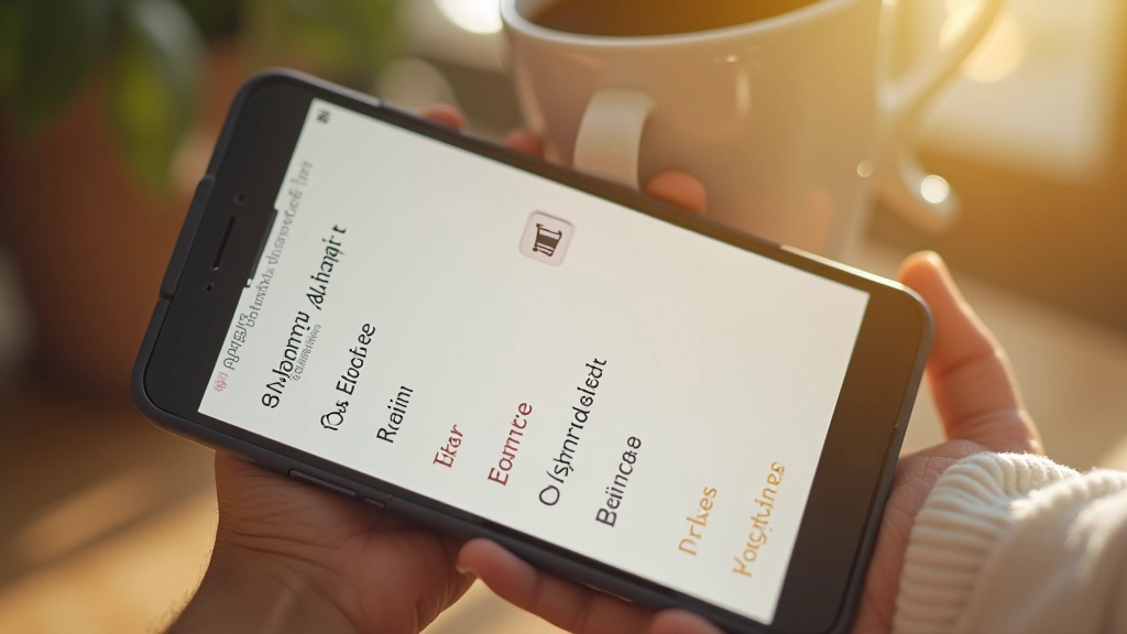 Écran de téléphone affichant une application de liste de courses simple avec articles de placard cochés, café à côté du téléphone
