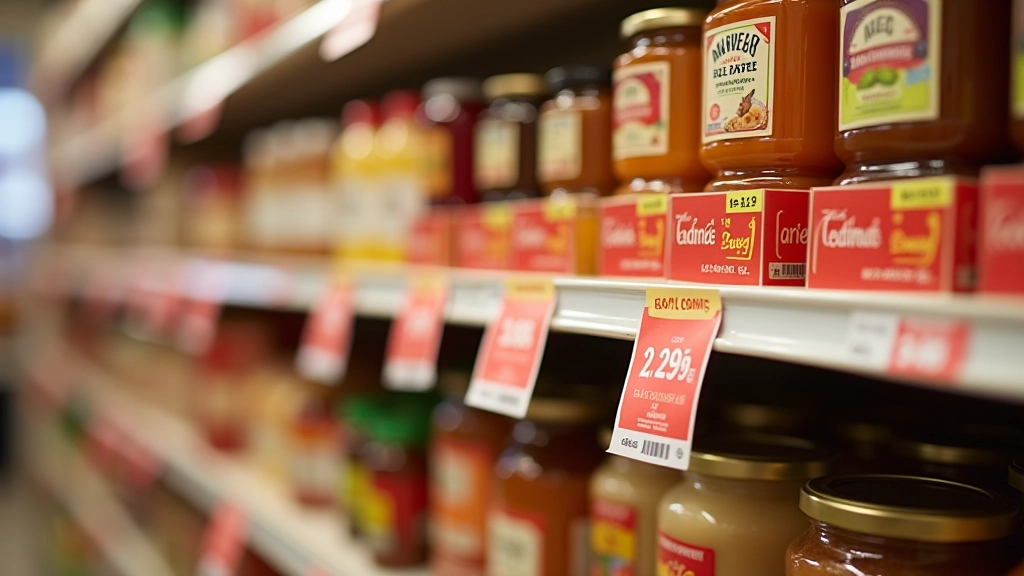Gros plan sur les étiquettes de prix en rayon avec plusieurs couleurs, étiquettes rouges de promotion côte à côte, image claire de comparaison