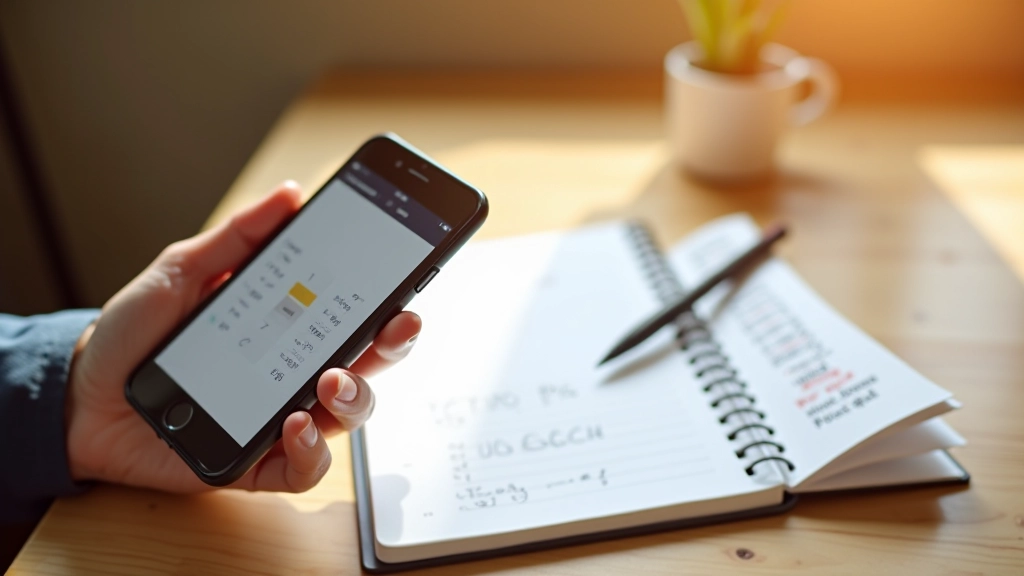 Gros plan sur une main tenant une calculatrice à côté d'une liste de prix, carnet ouvert avec chiffres écrits, table en bois clair