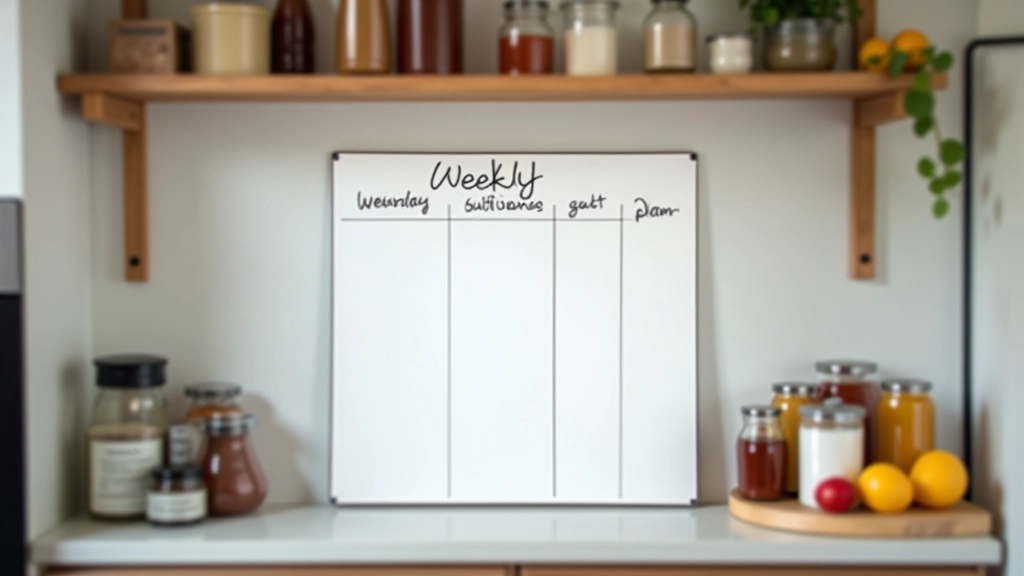 Planification de repas hebdomadaire écrite à la main avec des ingrédients secs visibles, cuisine ensoleillée avec plan de travail blanc