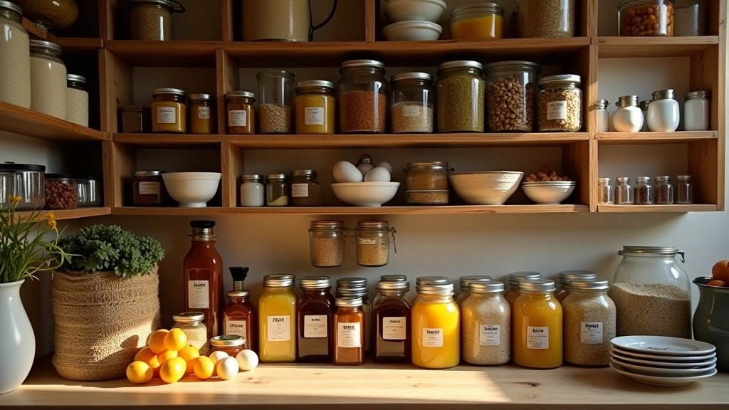 Placard de cuisine français avec bocaux de conserves, farine et huile bien organisés sur des étagères en bois
