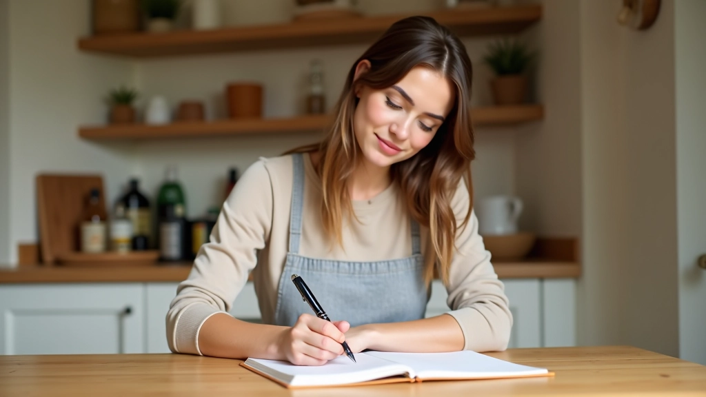 Femme tenant un carnet de budget à côté de sa réserve de cuisine, écrivant ses dépenses mensuelles d'alimentation