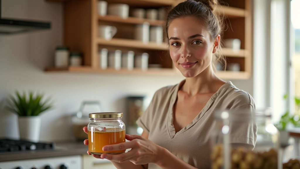 Femme organisant des bocaux de conserves dans un placard de cuisine avec étiquettes de date